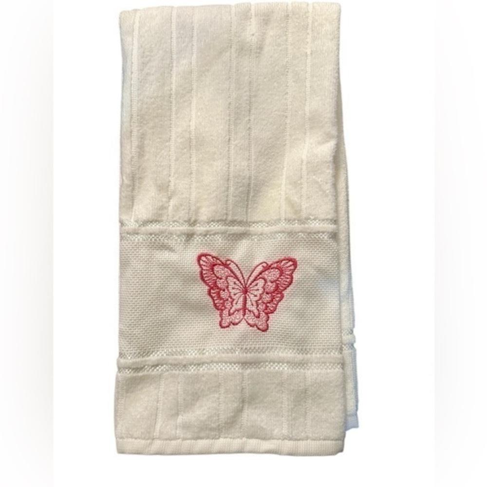 Butterfly Embroidered Hand Towel - White and Pink